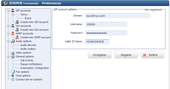 SIP Account Options page.