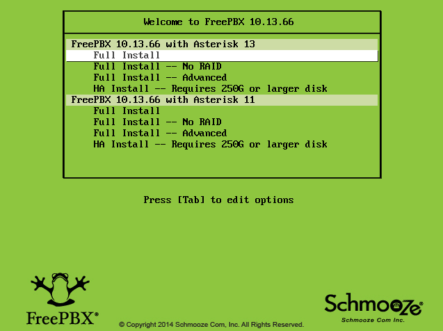 FreePBX ISO interface for installation. 