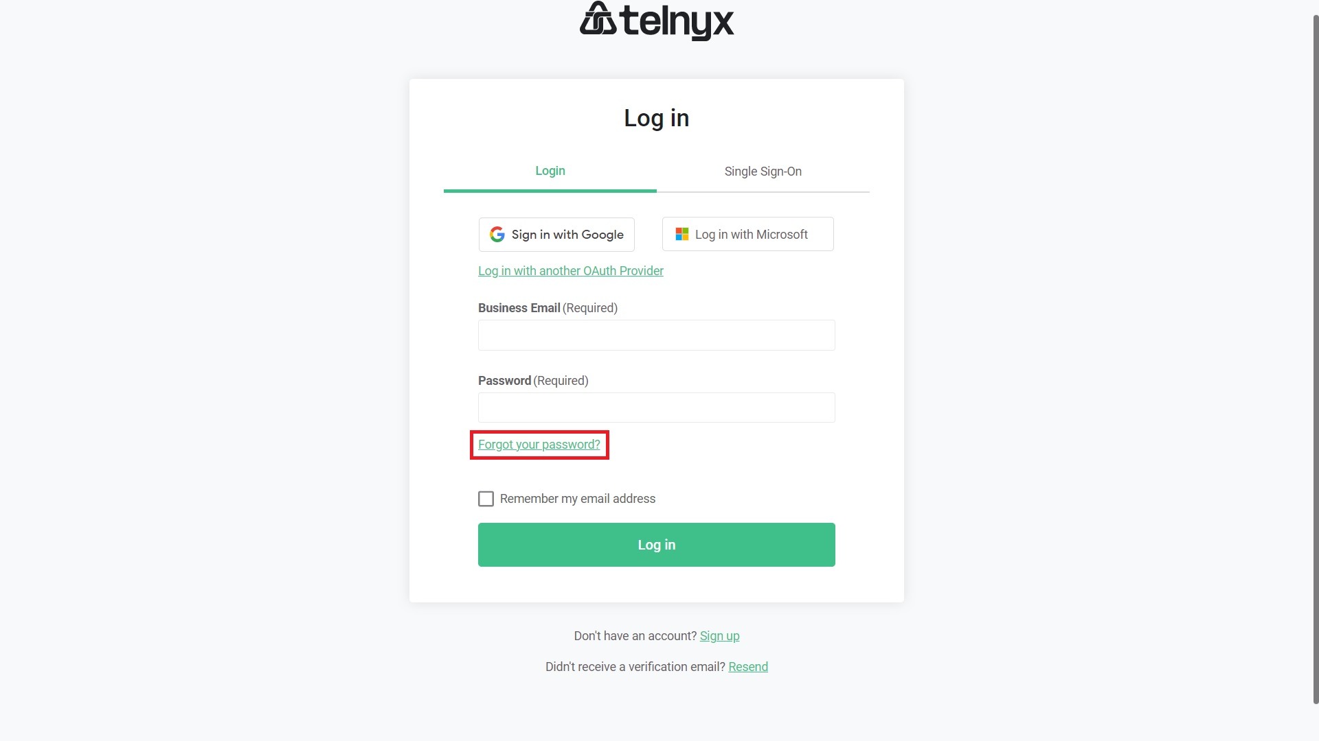 Tenyx sign-in page navigating to the “forgot your password”