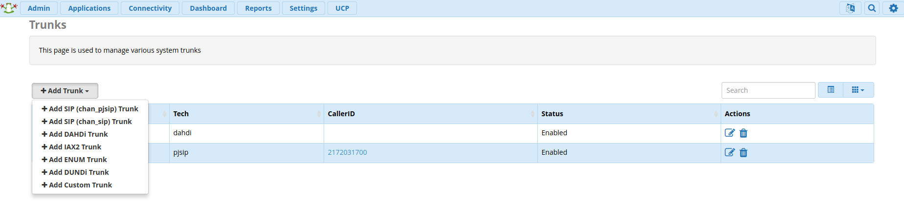 FreePBX settings section for advanced settings to add SIP. 