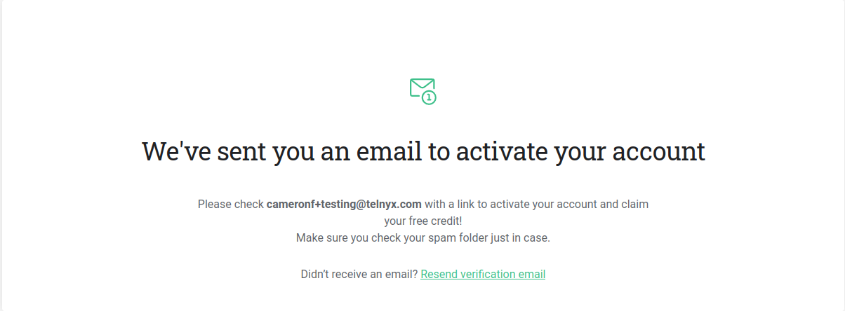 Prompt asking the user to navigate to their provided email inbox to activate their account
