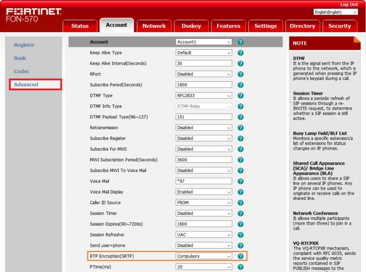 Fortinet Account tab for advanced settings. 