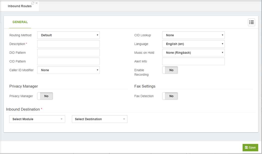 Module and destination settings.