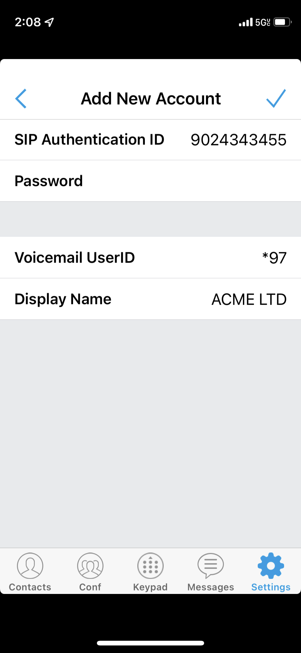 SIP Account settings on the Wave Lite app. 