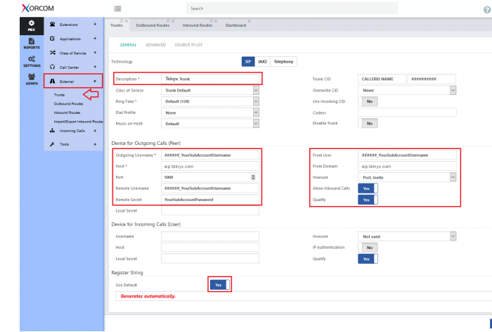 CompletePBX configuration for SIP Trunk. 