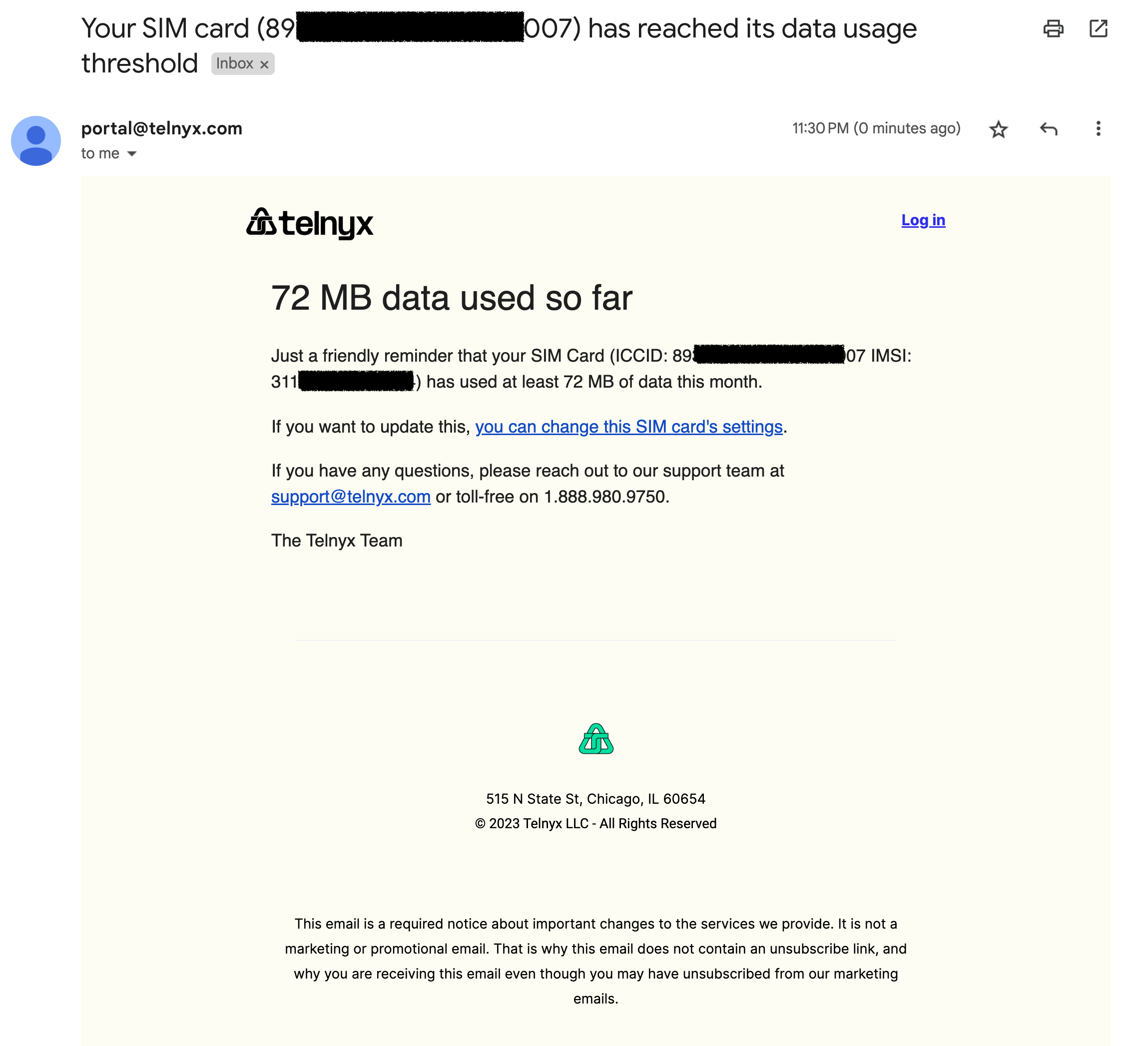 Data limit email notification screenshot 