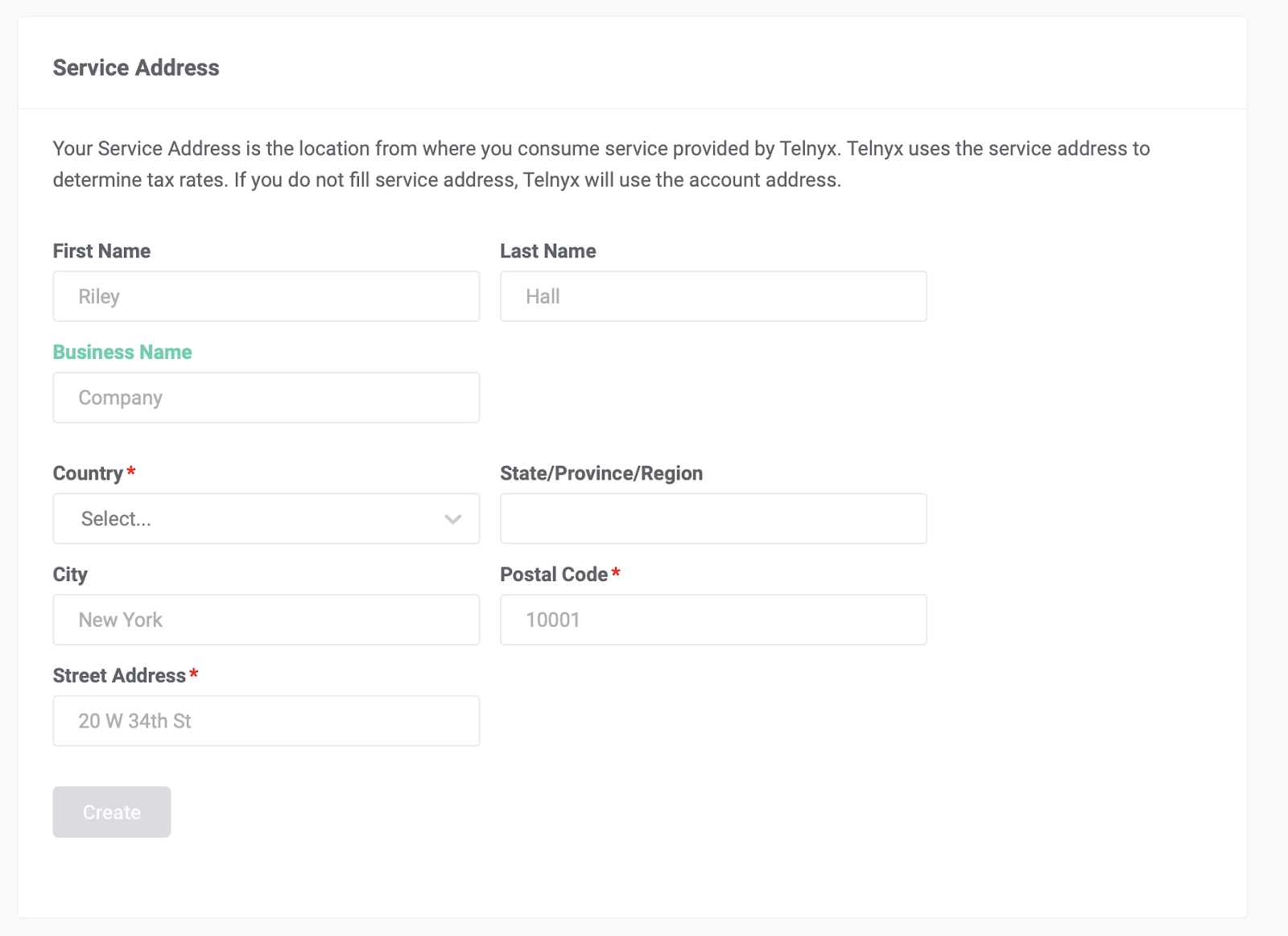 Service address section. 