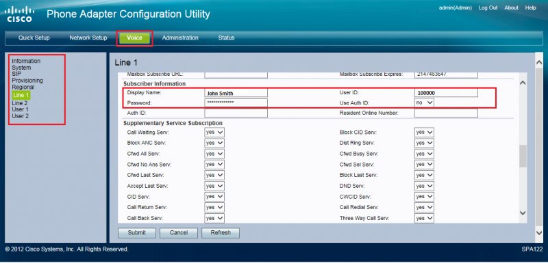 Audio section of the subscriber information and codecs verification tab.