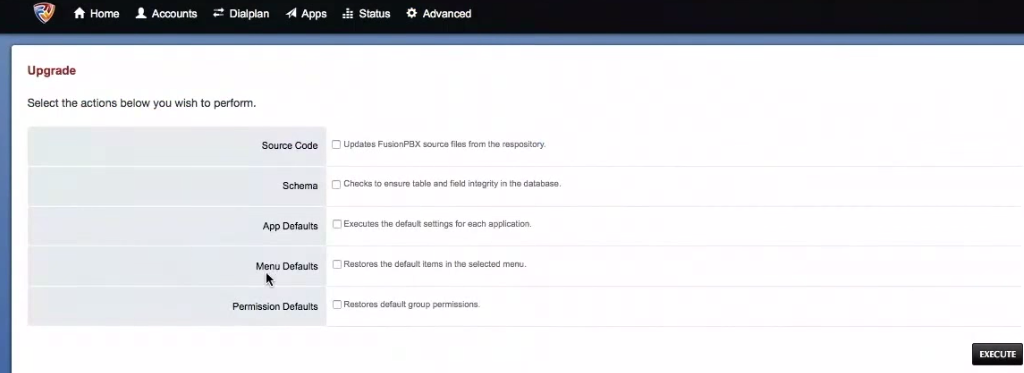 Upgrade section on the FusionPBX portal.