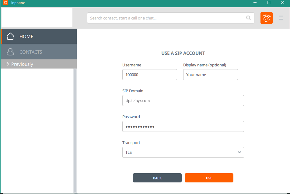 SIP Account credentials form. 