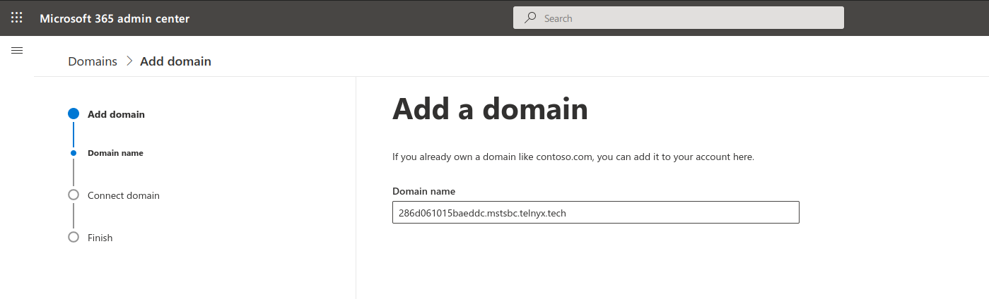 Microsoft 365 Domain Adding center.  