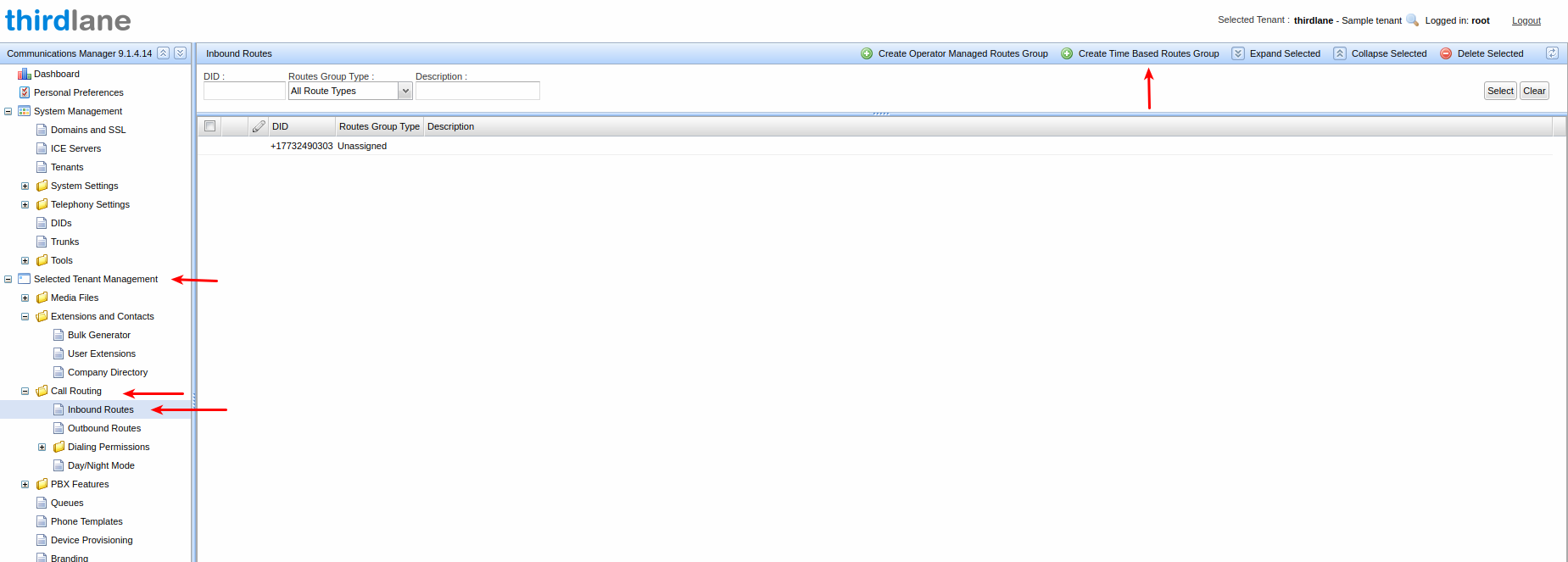 An interface for configuring call routes.