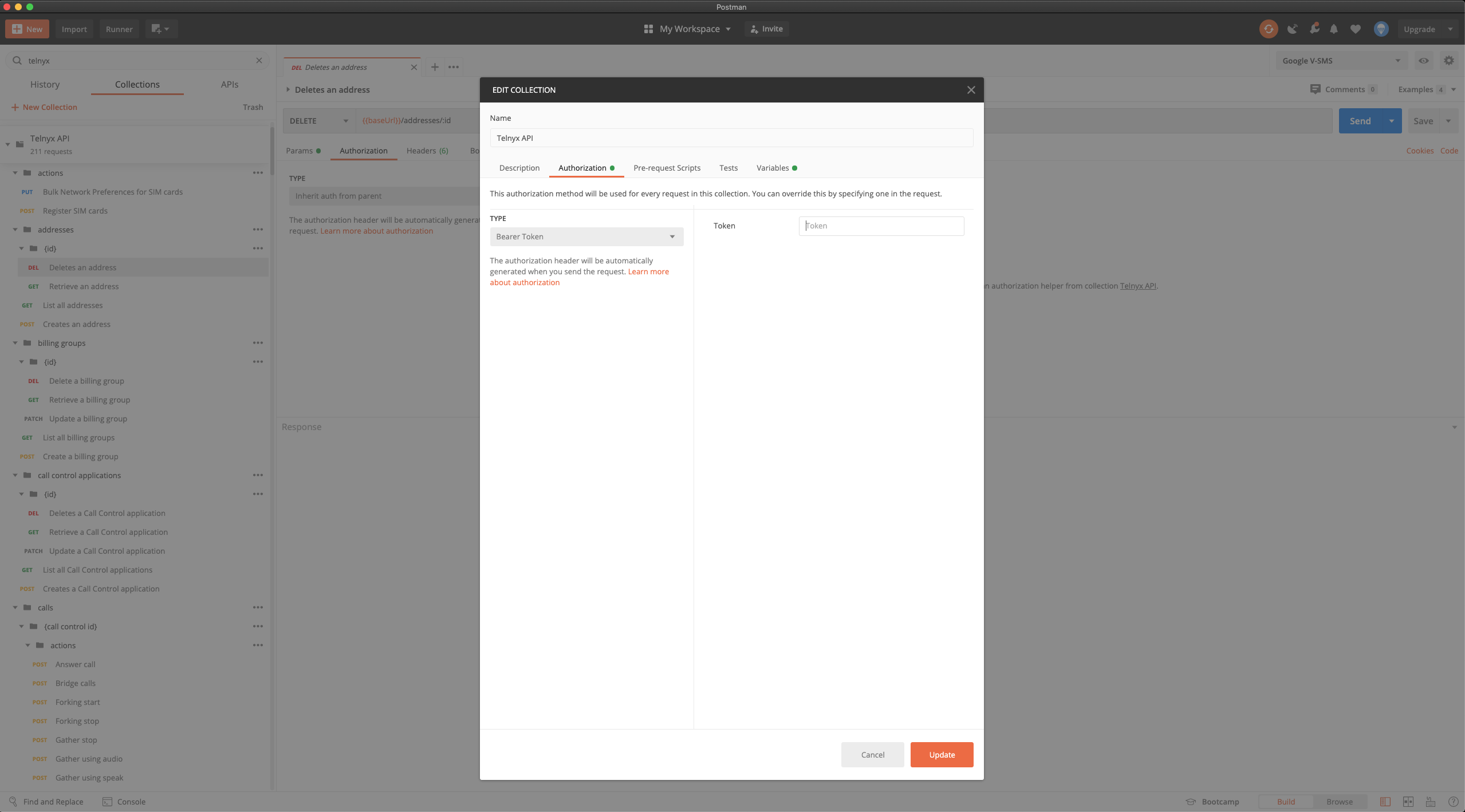 Authentication interface on Postman. 