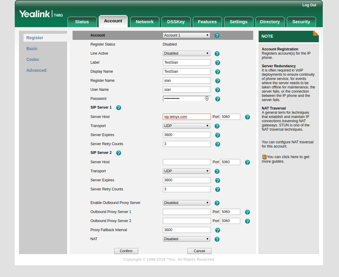 Yealink web settings dashboard. 