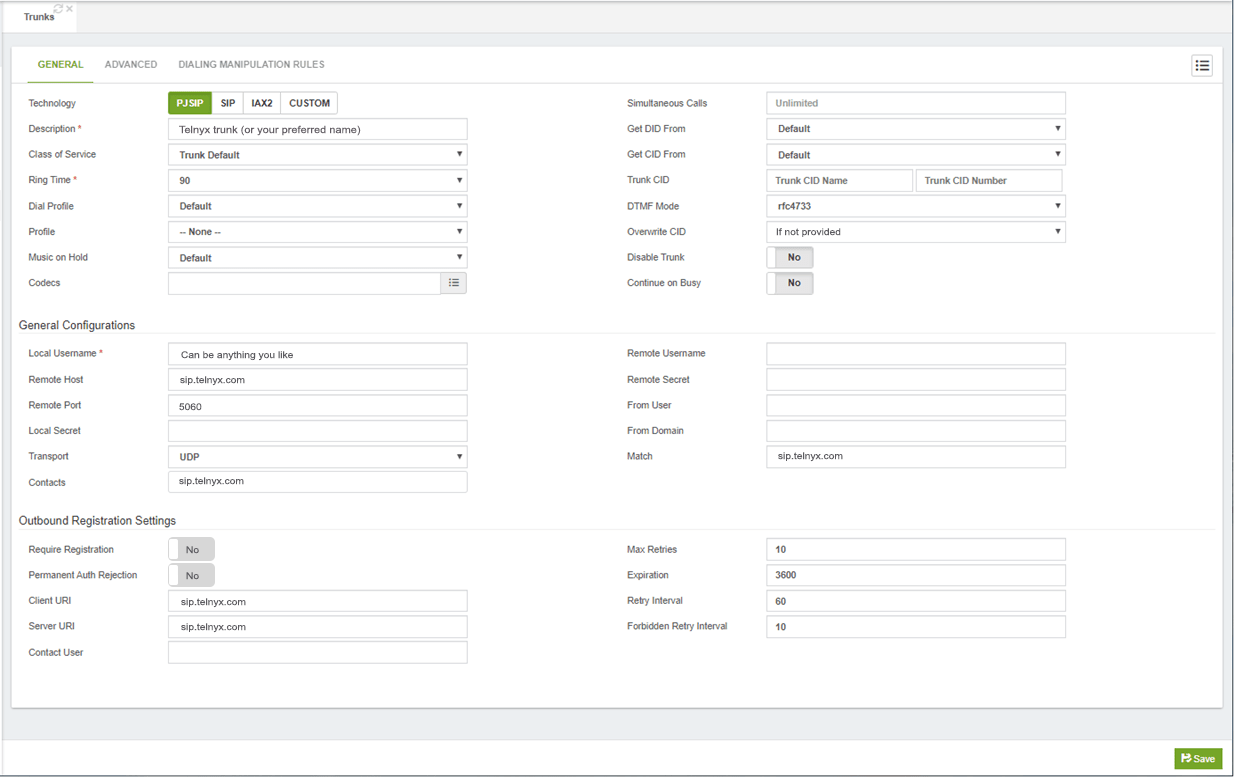 Trunks general settings.
