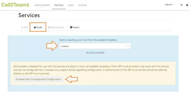 Service tab in the Call2Teams portal. 