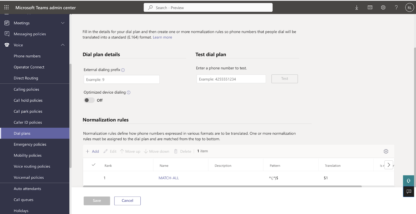 Voice > Dial Plans section. 