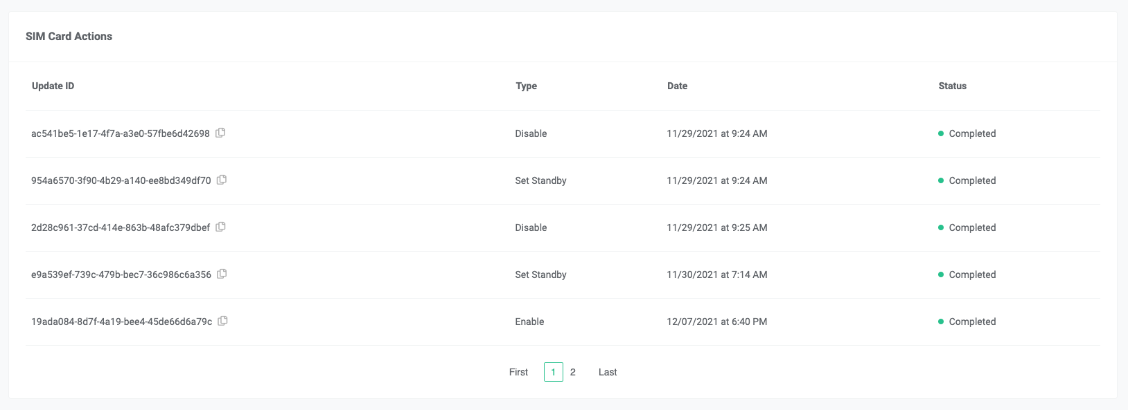 Sim card actions section of the portal.