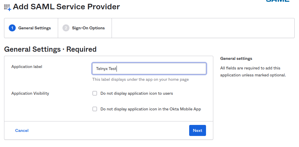 General SAML Service Provider settings. 