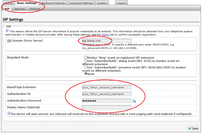 SIP Basic Settings tab. 
