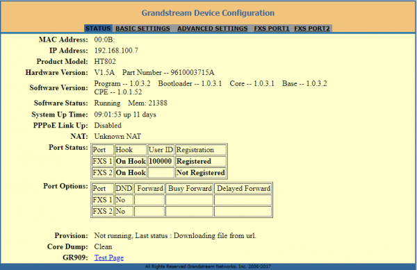 Grandstream device configuration status interface. 