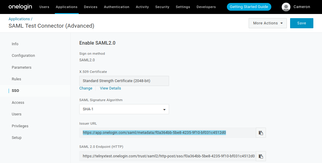 A screenshot of the SSO tab with a highlighted issuer link. 