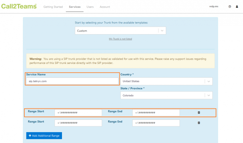 Call2Teams portal for inputing Telnyx account information. 