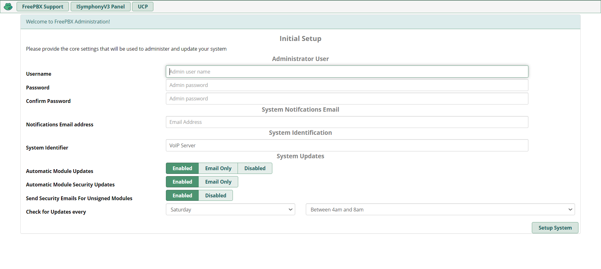 FreePBX administration page. 