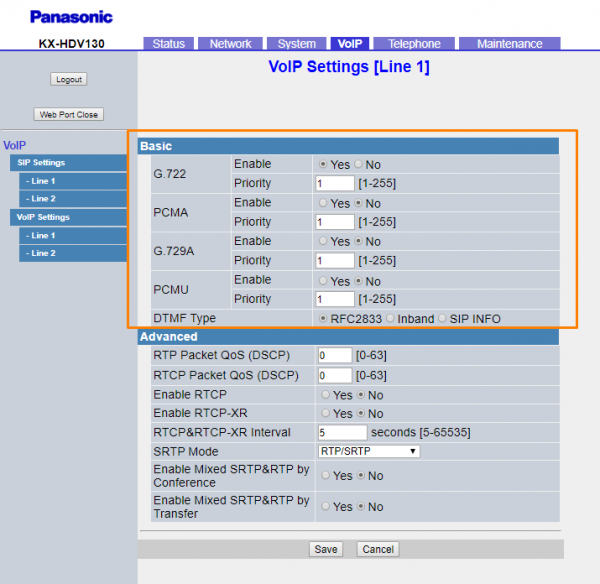 VoIP settings section. 