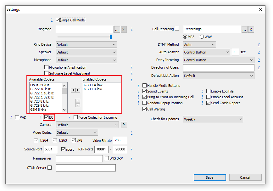 MicroSIP Settings section.