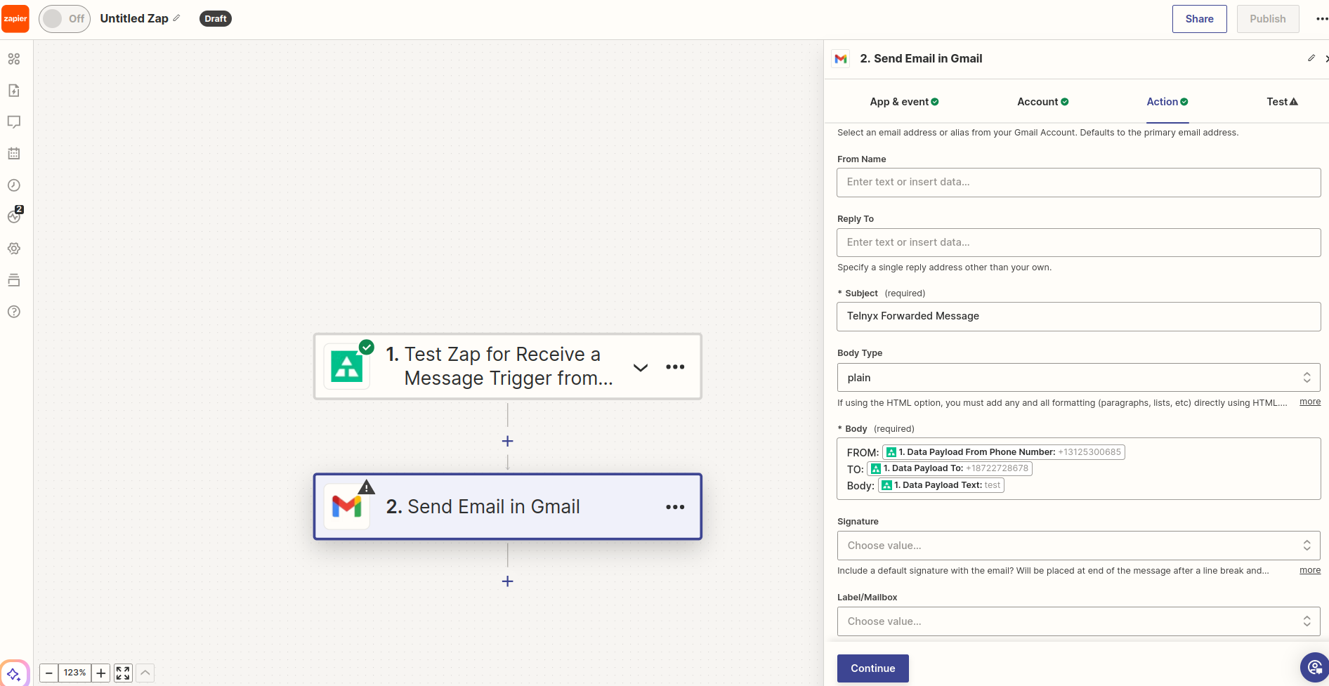 Zap email integration screenshot