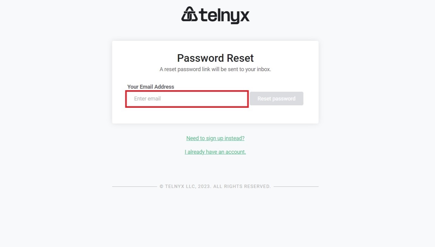 Tenyx password reset email address page
