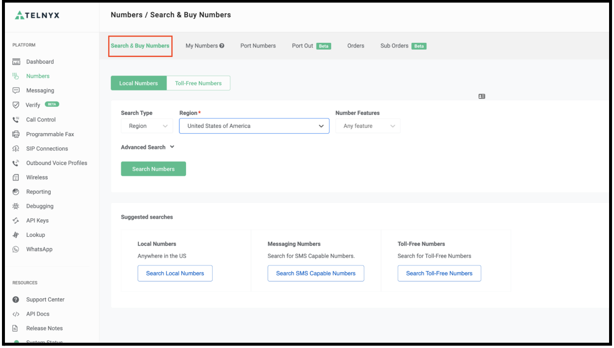 Search & Buy Numbers tab. 