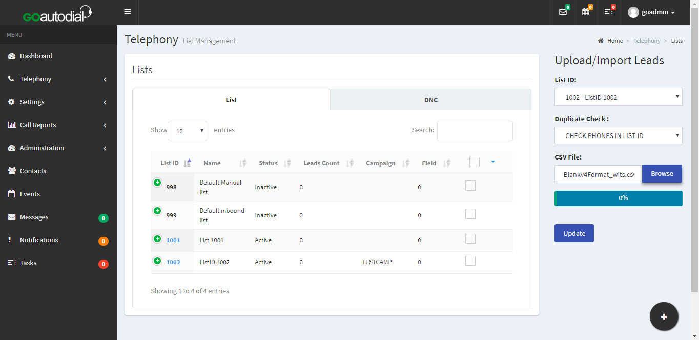 Goautodial dashboard page to import your list of call leads. 